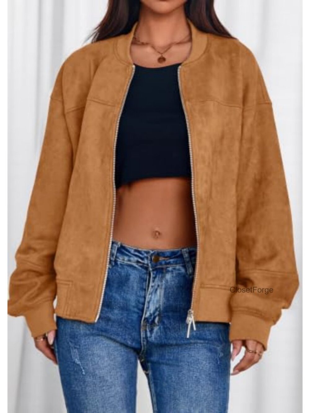 Faux Suede Bomber Jacket Cropped Zip Up Casual Fall Outfit